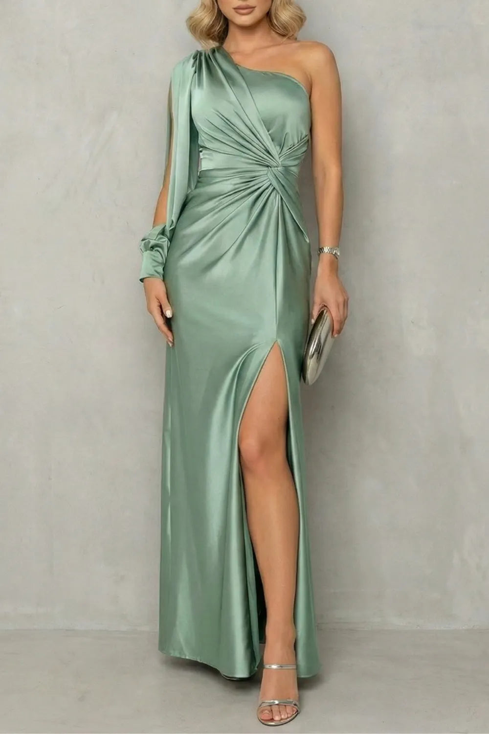 Draped waist elegance – One shoulder slit maxi dress