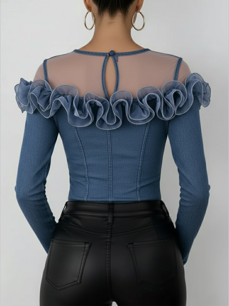 Fashionable Patchwork Mesh Organza Ruffled Denim Top
