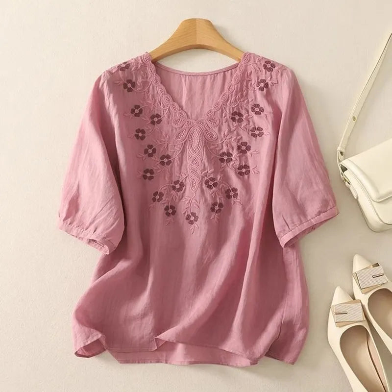Women's Artistic Floral Embroidered Cotton Linen Casual Top