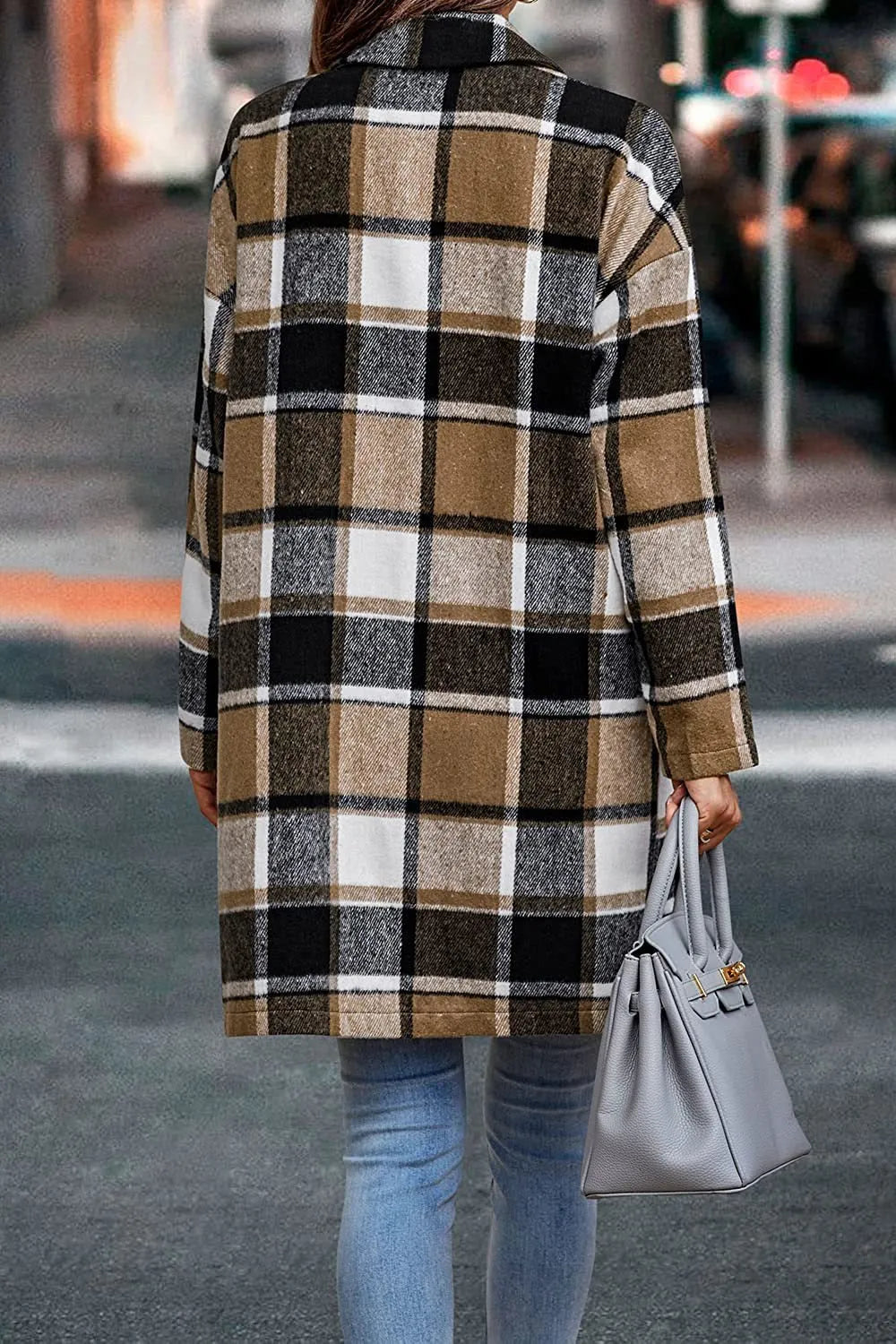 Women Plaid Notched Lapel Mid‐Length Wool Blend Coat, Casual Button Down Oversized Outerwear