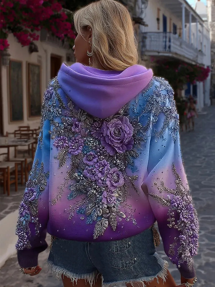 Women's Classic Rose Embroidery Art Comfy Hoodie