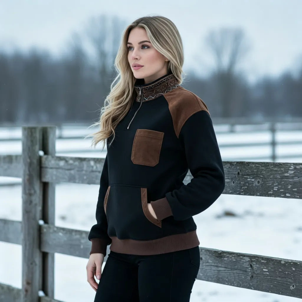 Women's Retro Ethnic Style Half-Zip Stand Collar Sweatshirt And Trousers Set