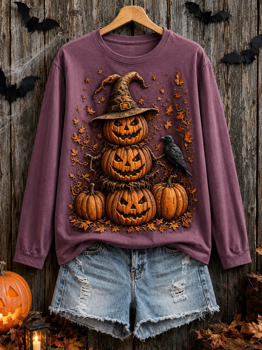 Halloween Retro Art Print Casual Long-Sleeve Top
