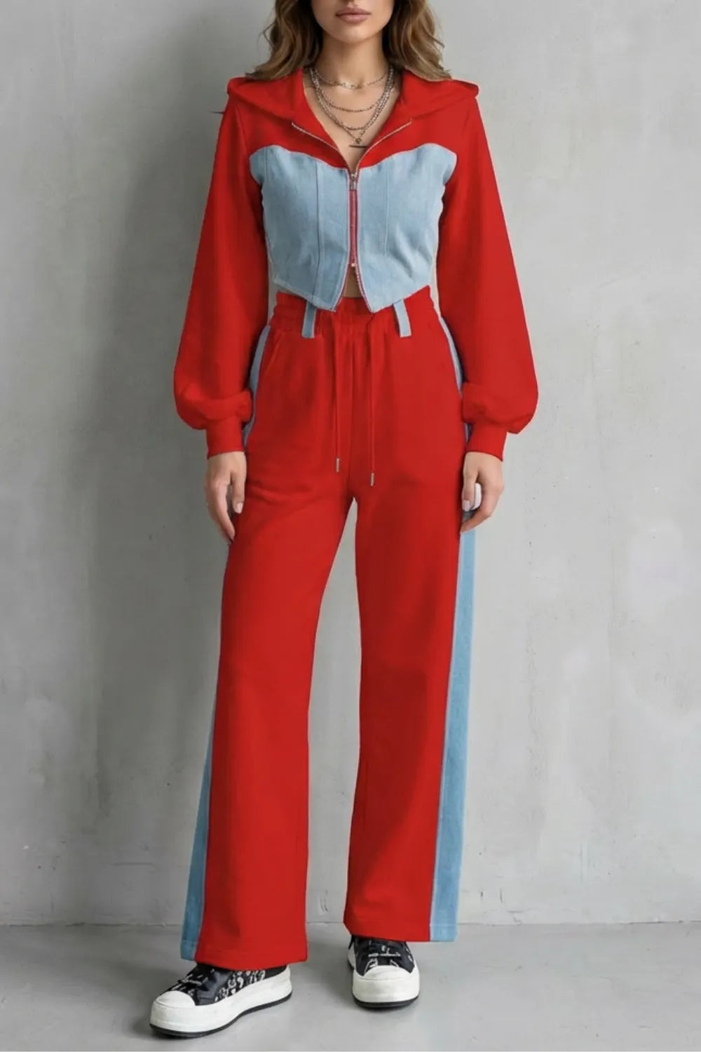 Denim Splice – Two-Piece Hoodie & Sweatpant Set