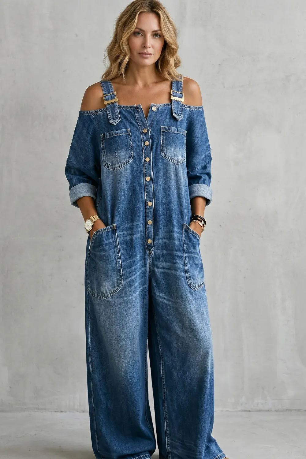 Off-shoulder utility charm – Wide-leg overalls