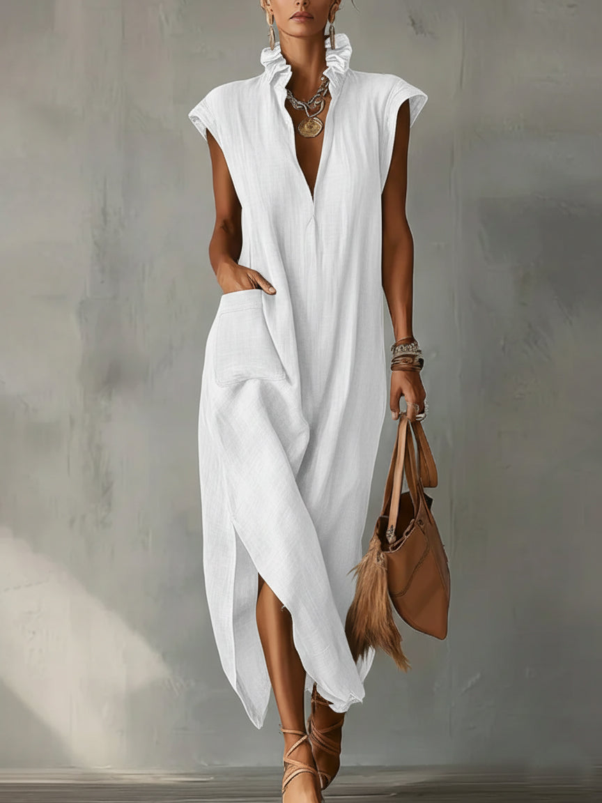 Elegant Ruff Collar Fashion Linen Cotton Midi Dress