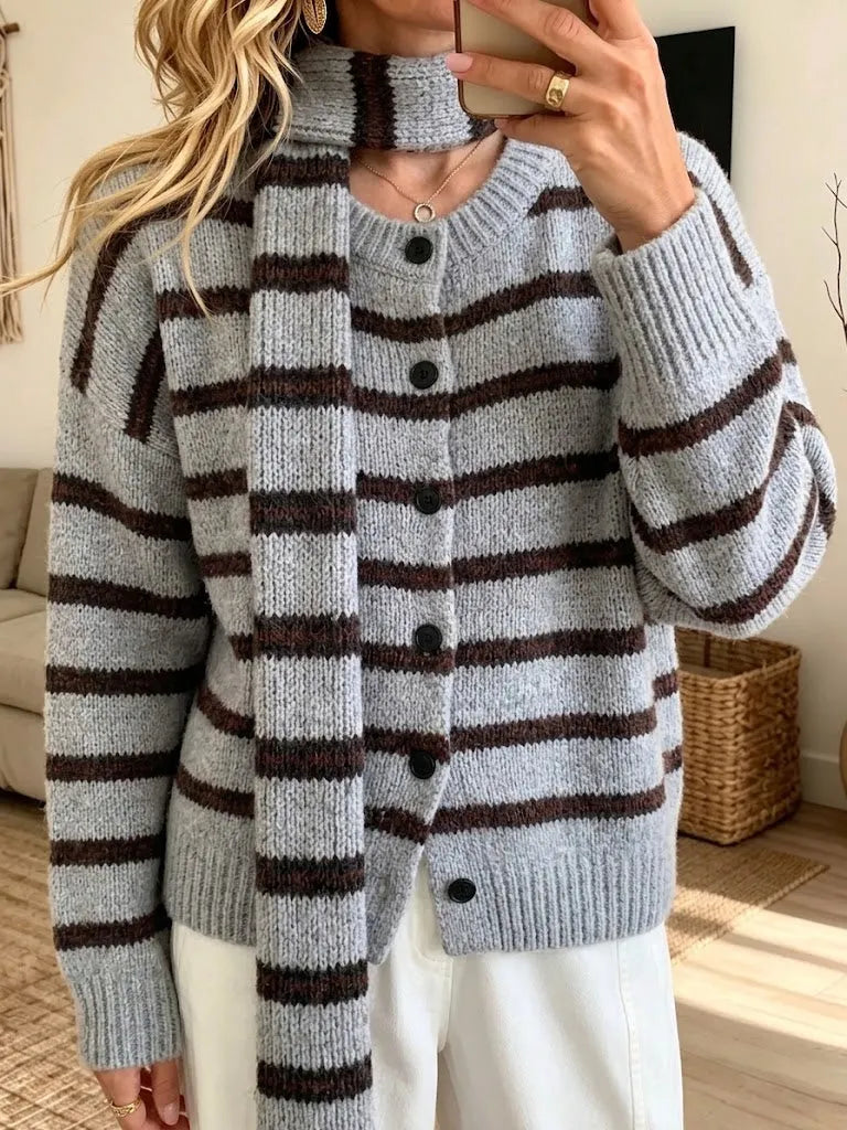 Women Button‐front Loose Striped Knit Cardigan Sweater With Matching Scarf Set,