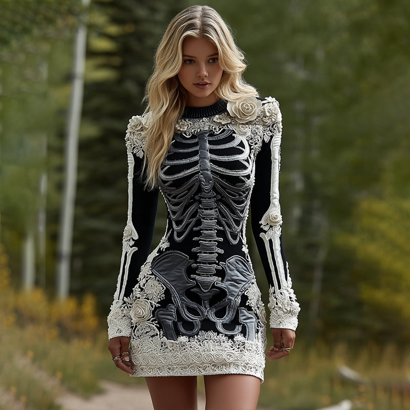 Women's Halloween Skeleton Bones Leather With Rose Pattern Art Hot Sexy Style Cozy Knit Mini Sweater Dress