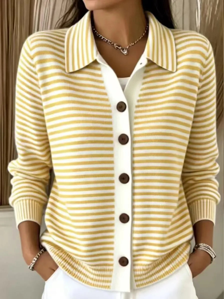 Collared Stripe Button‐Down Knit Cardigan, Women Loose Long Sleeve Pocket Sweater Jacket