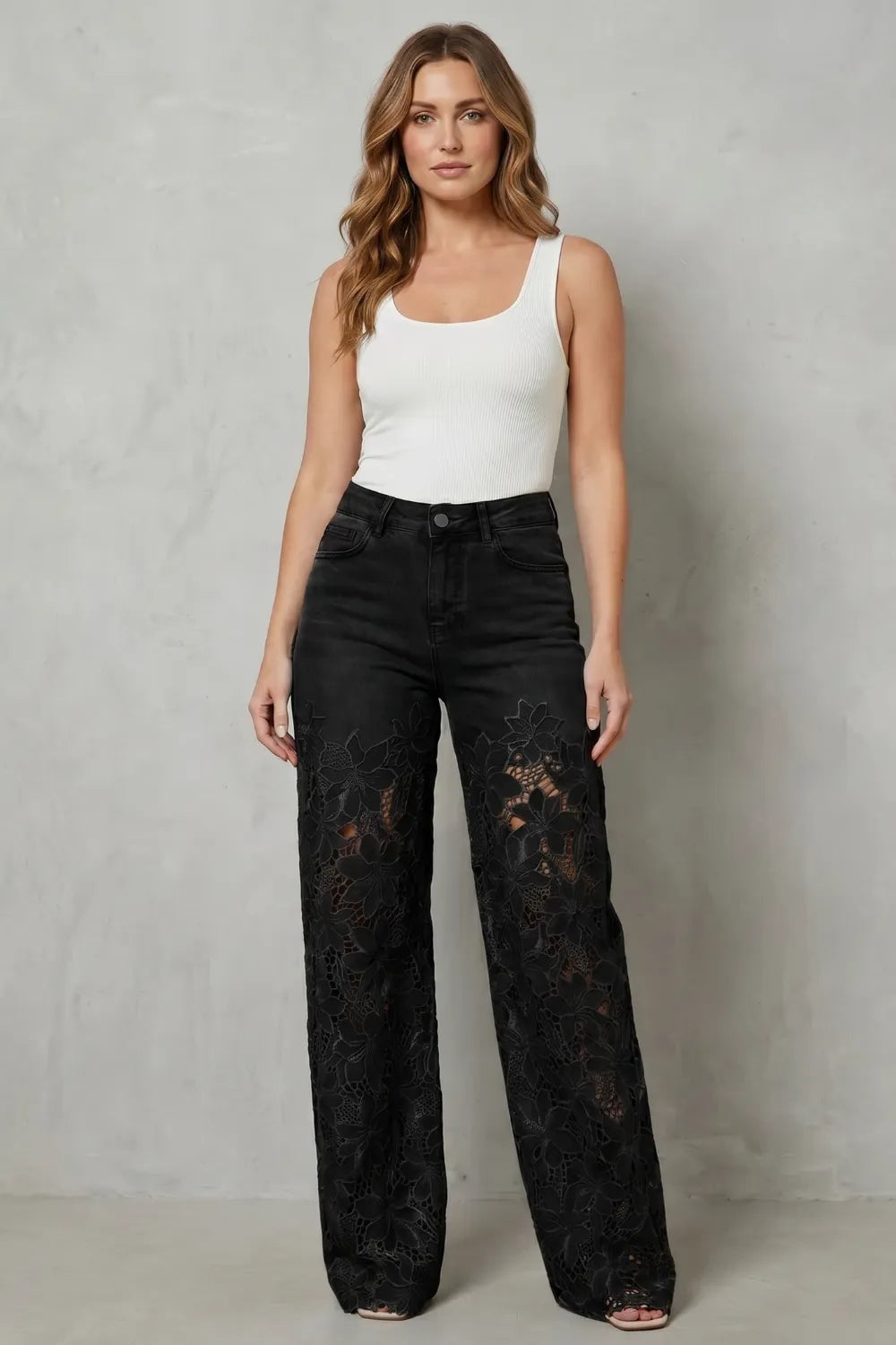 Floral lace overlay – Wide-leg denim jeans