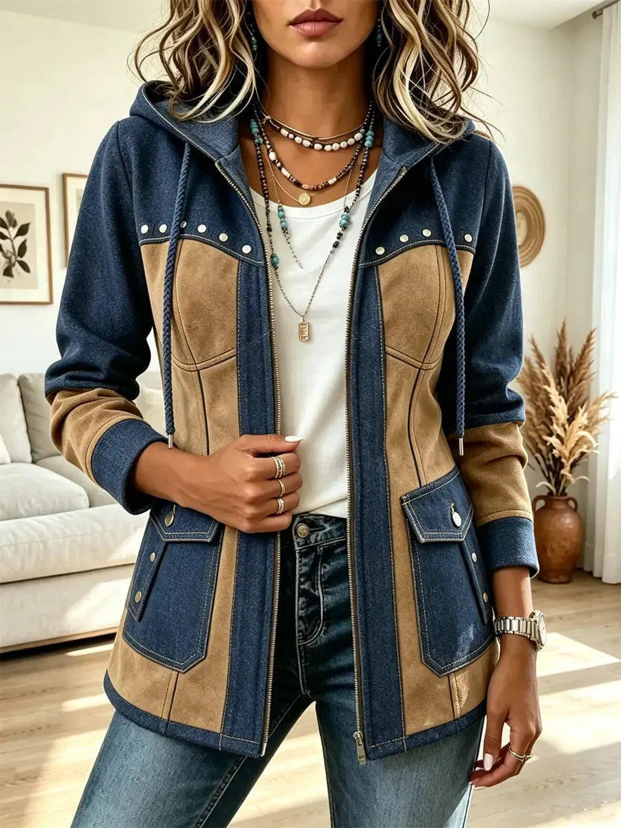 Retro Hooded Denim Patchwork Art Casual Stylish Lapel Long Sleeve Coat