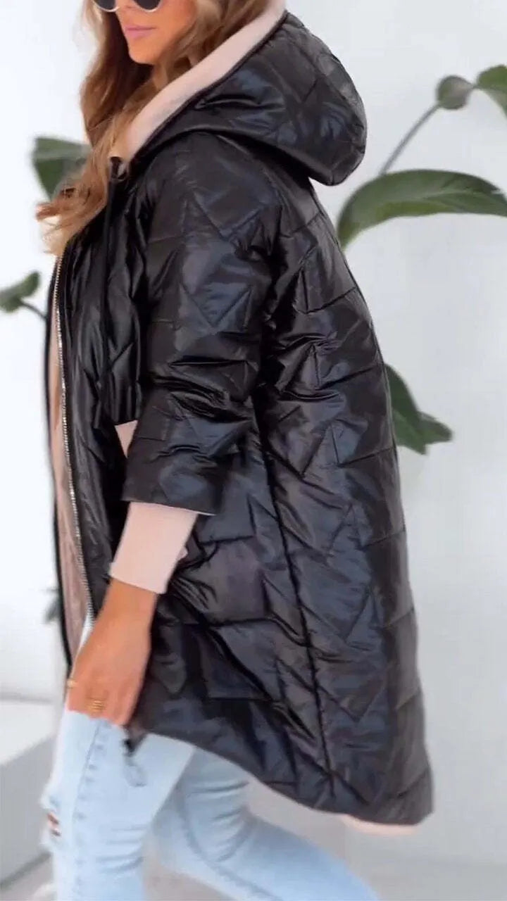 Women's Winter Solid Color Hooded Zipper Coat