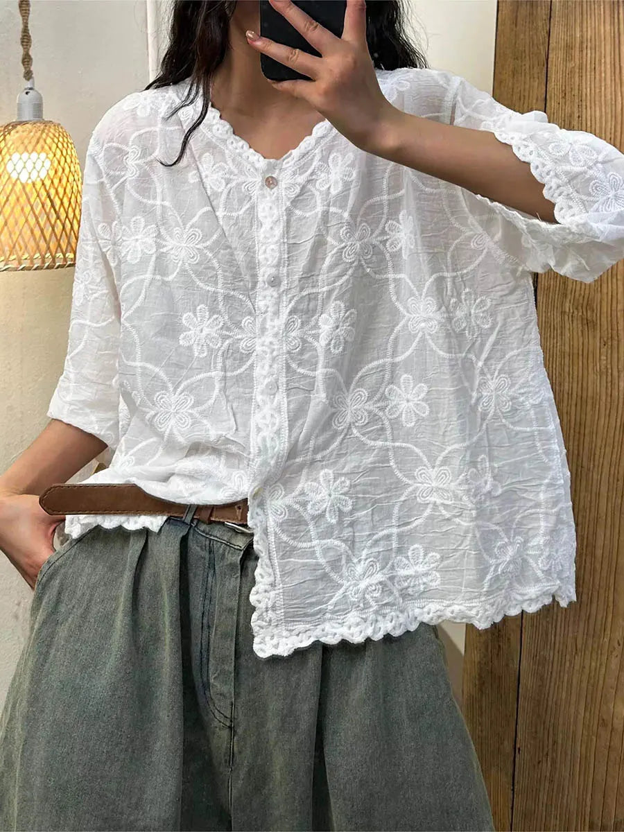 Women's V-neck Half Sleeve Embroidered Cardigan Buttoned Casual Linen Top