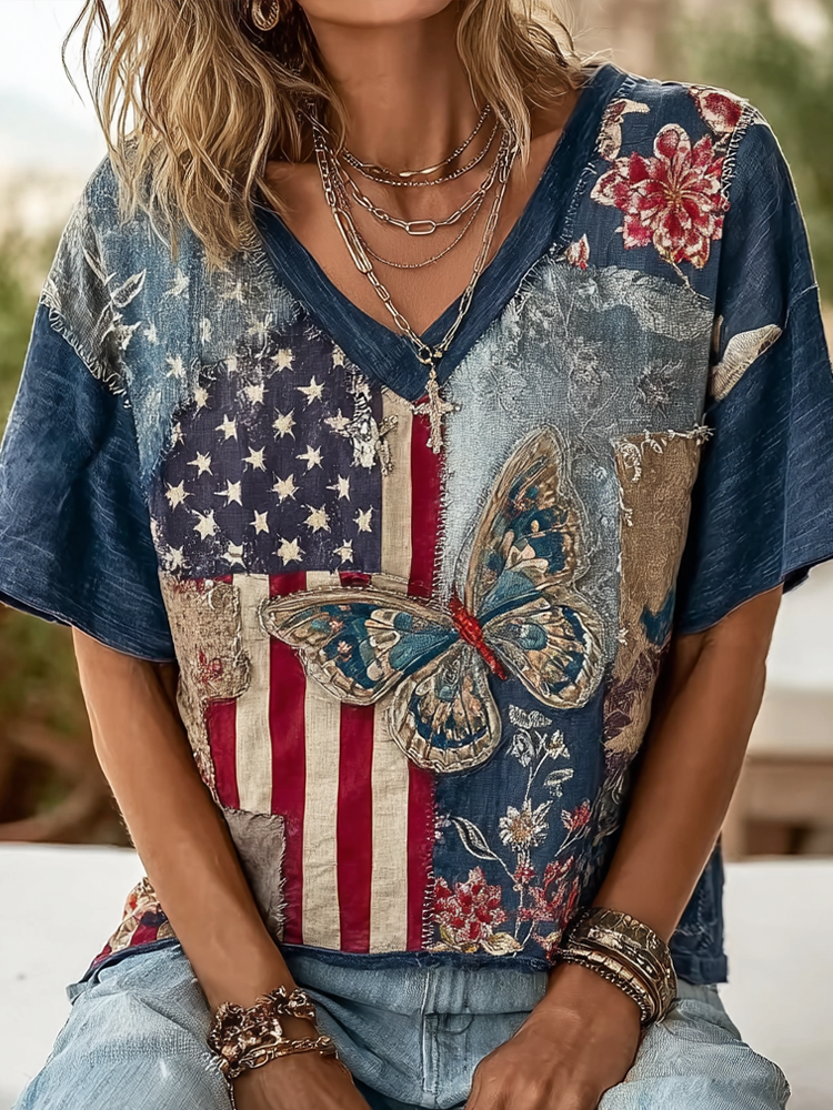 Vintage Butterfly And Flowers American Flag Linen T-shirt
