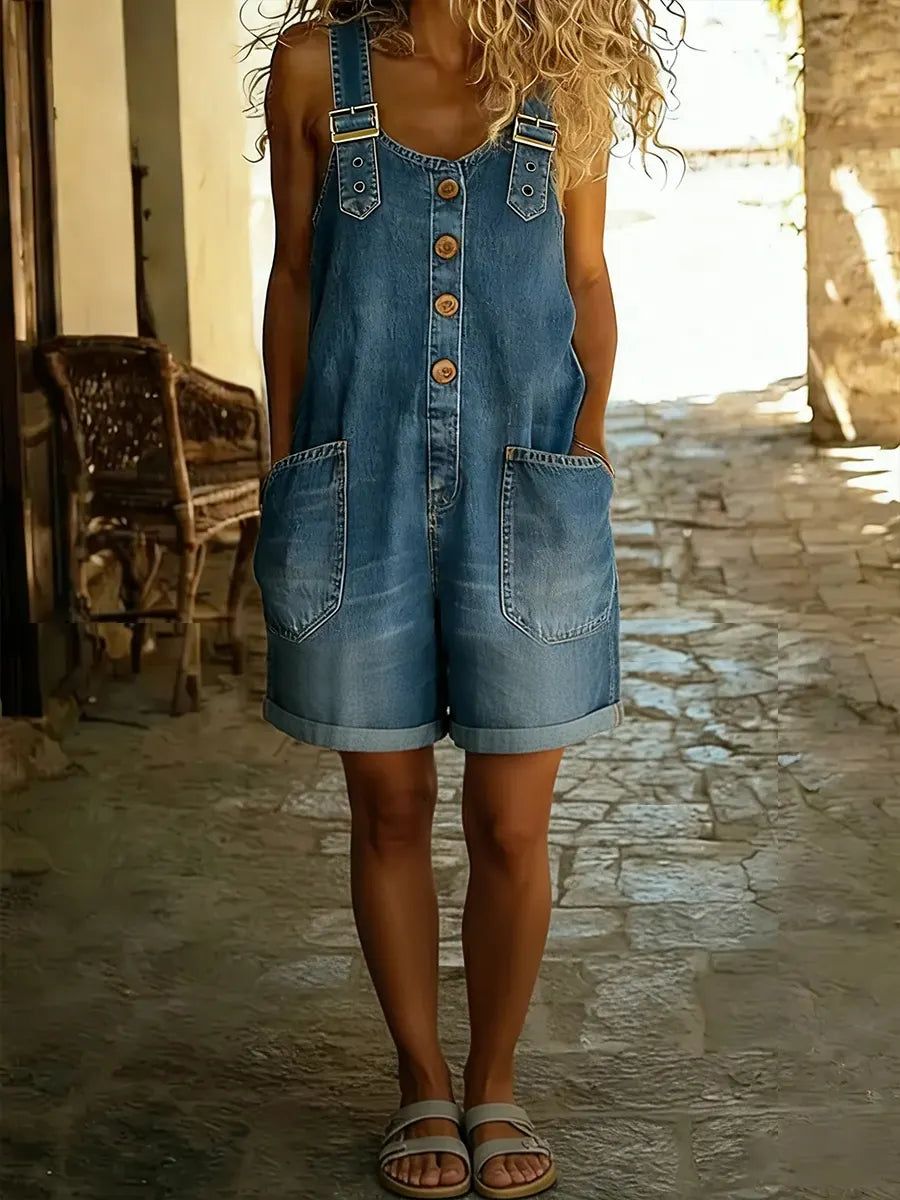 Casual Adjustable-strap Denim Jumpsuit Shorts