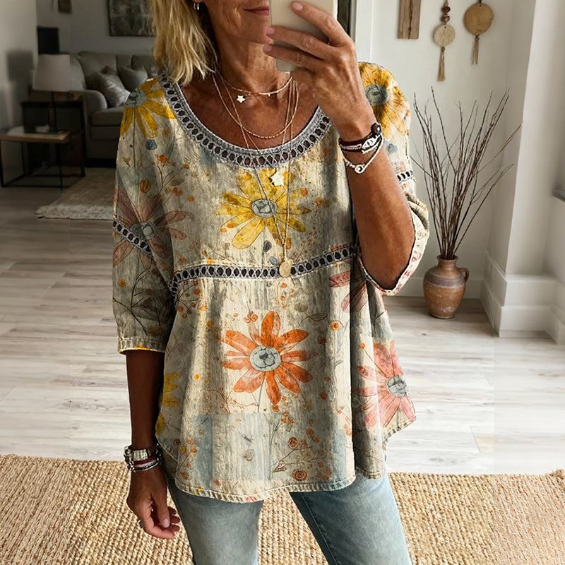 Women's Bohemian Vintage Floral Art Print Flowy Linen Blend Casual Tops