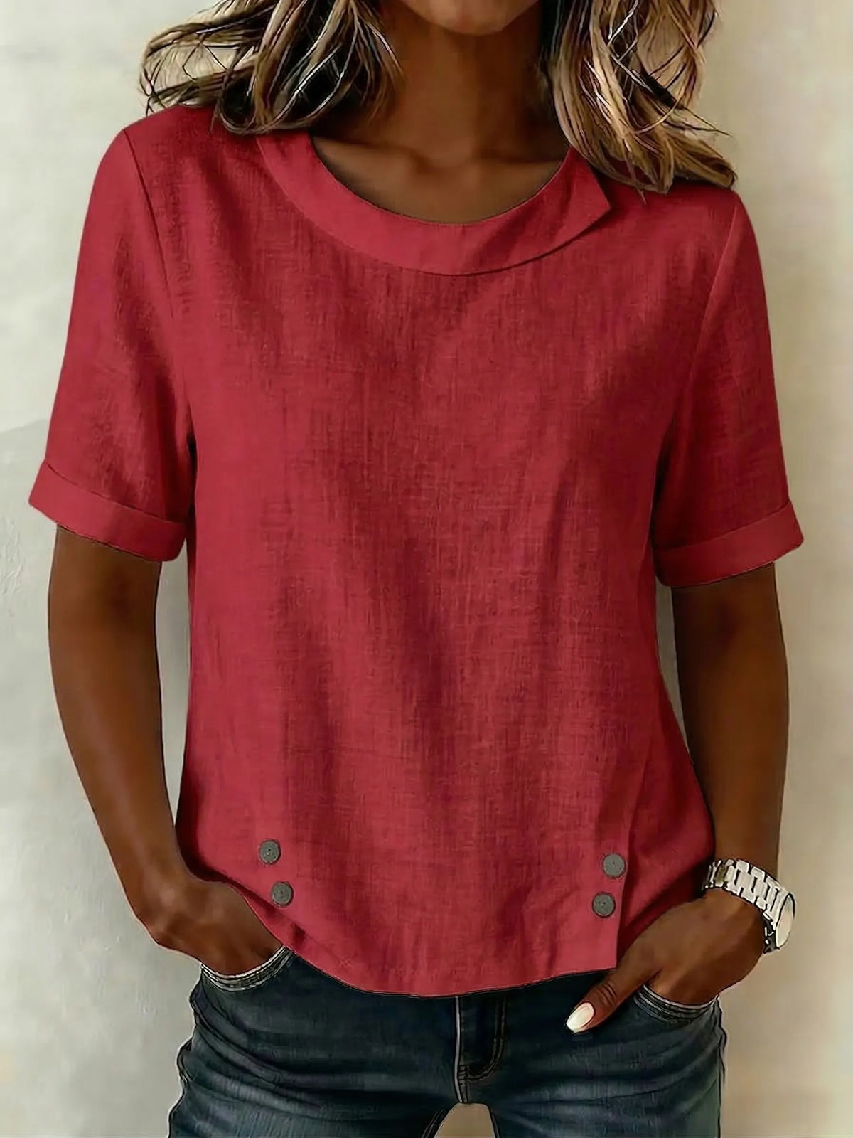 Cozy Retro Round-neck Cotton-linen Blouse