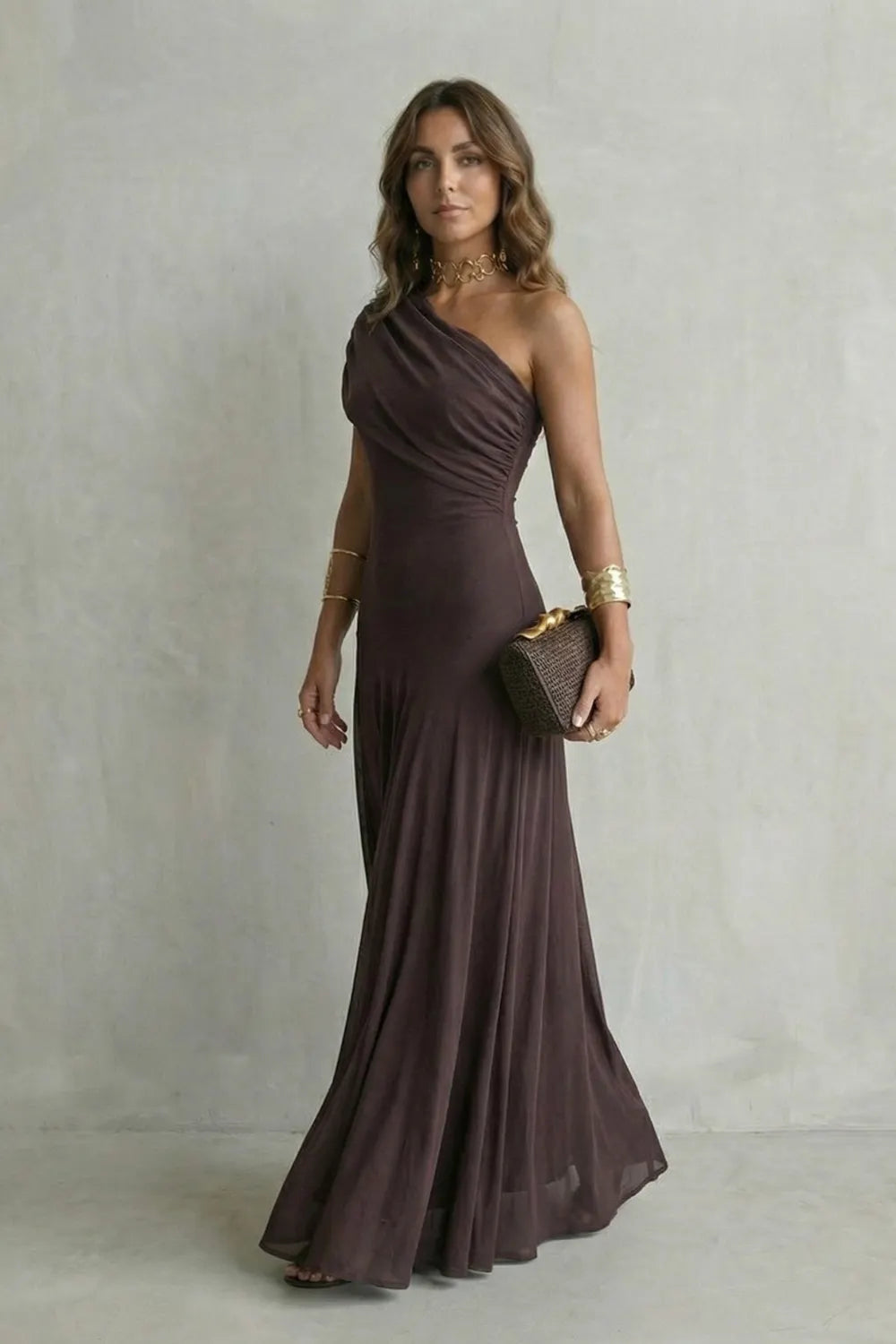 Elegant draped neckline – One shoulder maxi dress