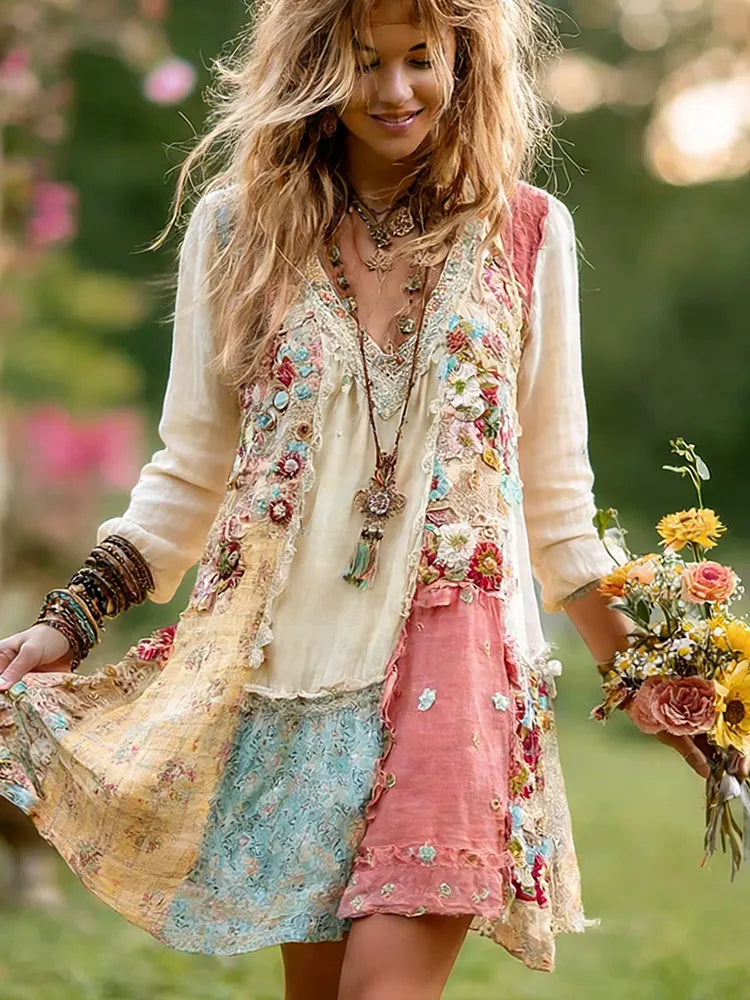 Women's Retro Bohemian Floral Casual V-neck Long Sleeve Dress