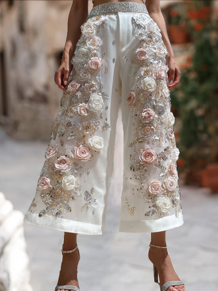 Bohemian Style Breast Cancer Three-dimensional Embroidery Sequin Casual Wide-leg Pants