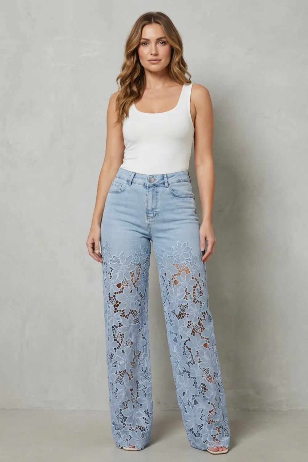 Floral lace overlay – Wide-leg denim jeans