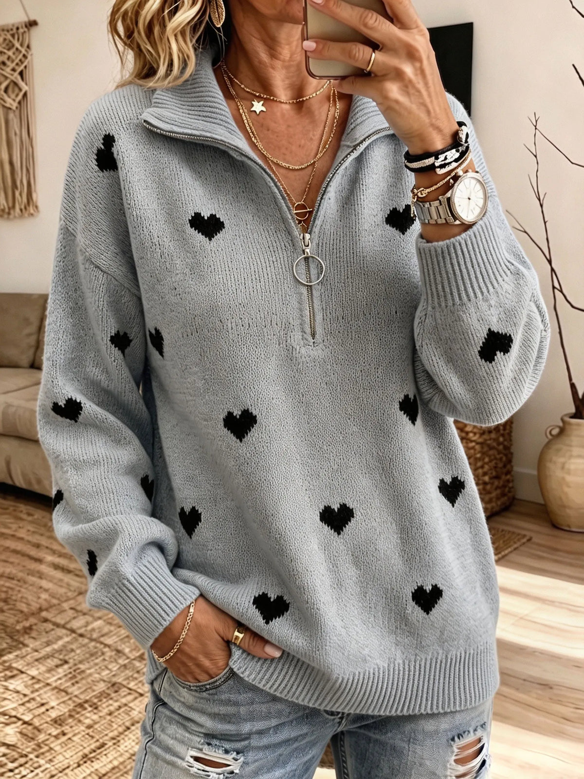 Women Heart Jacquard Half‐Zip Collar Sweater Long Sleeve Loose Knit Jumper