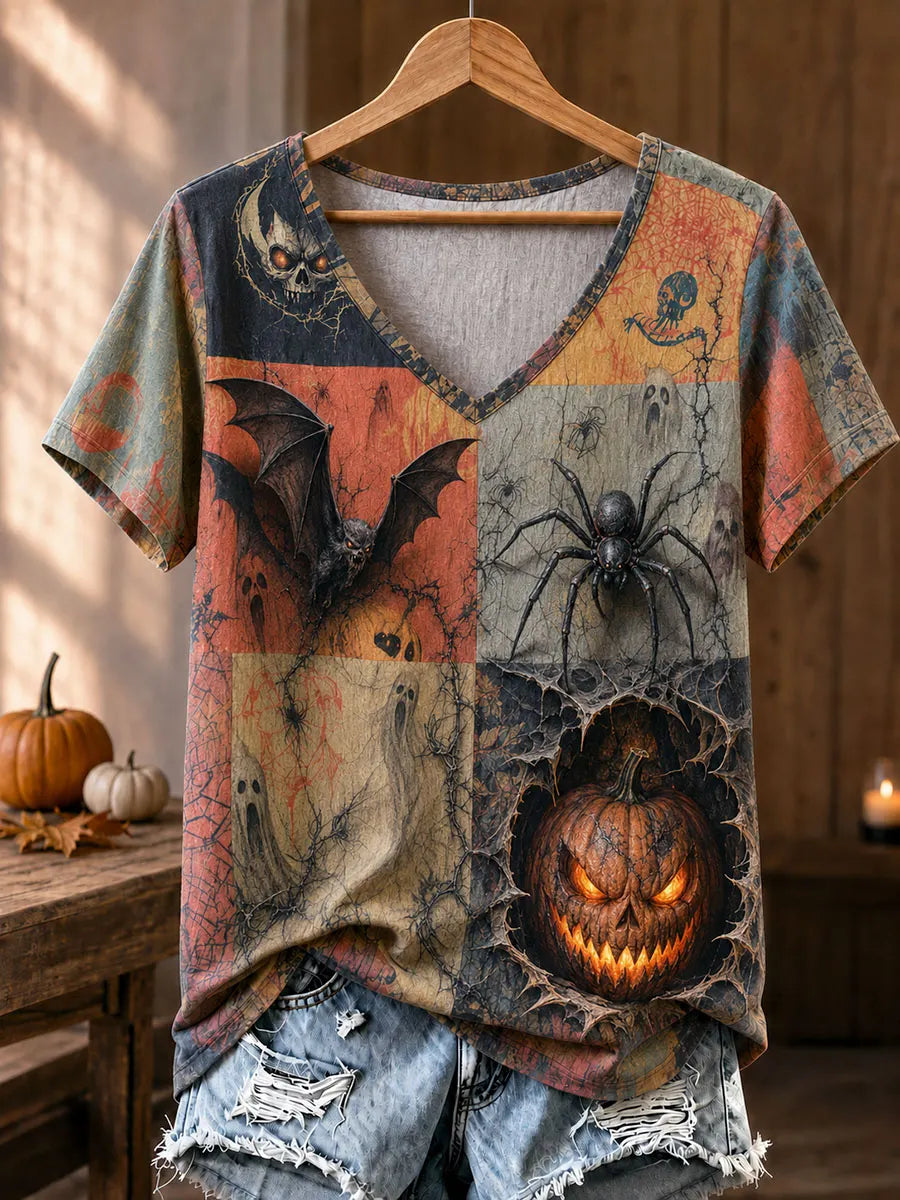 Vintage Patchwork Ghost, Spider & Pumpkin Halloween V-Neck T-Shirt