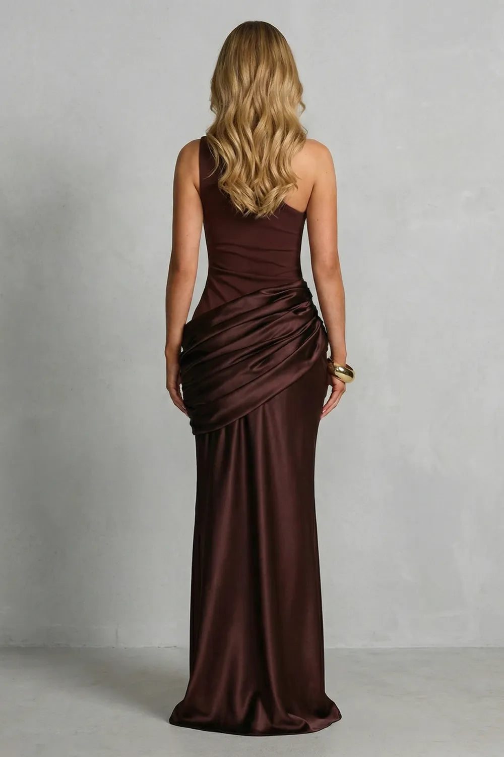 Satin draped elegance – One shoulder maxi dress