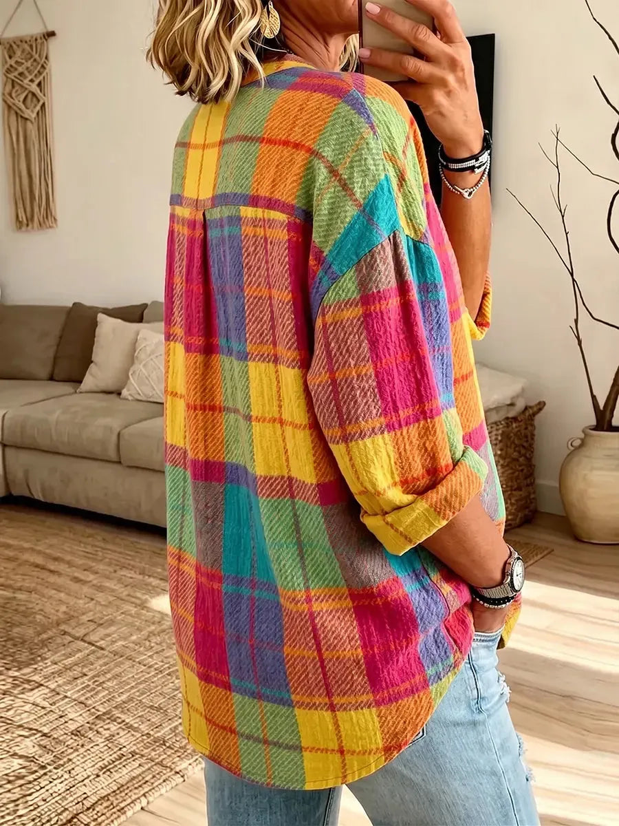 Vintage Elegant Cotton Linen Plaid Shirt