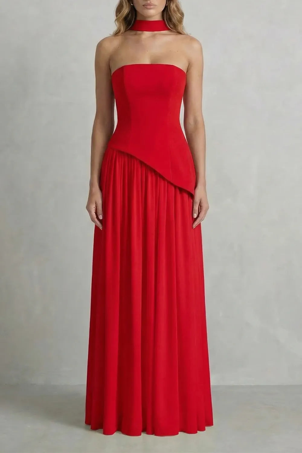 Sculpted draped slit – Strapless maxi dress