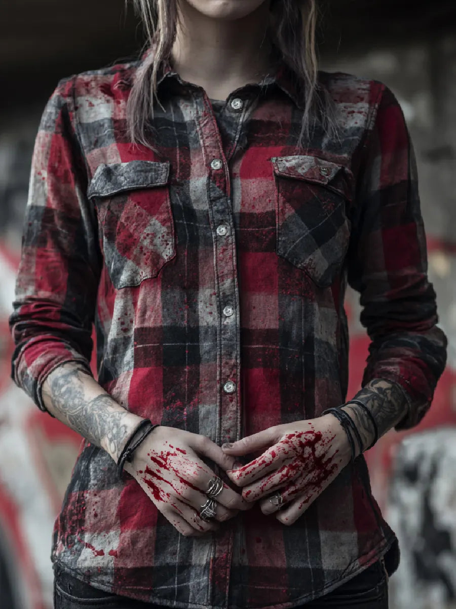 Bloodstained Vintage Check Art Long Sleeve Button-Down Shirt