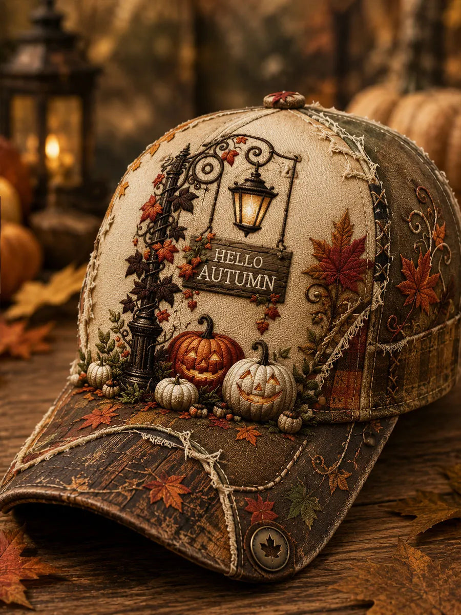 Hello Autumn Pumpkin Lantern Vintage Patchwork Baseball Cap