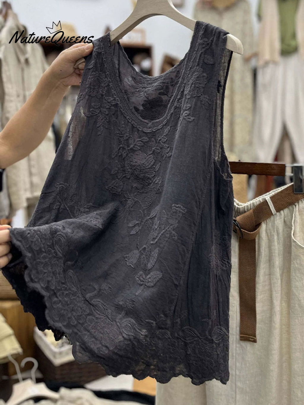 Women's Vintage Lace Sleeveless Cotton And Linen Vest Top