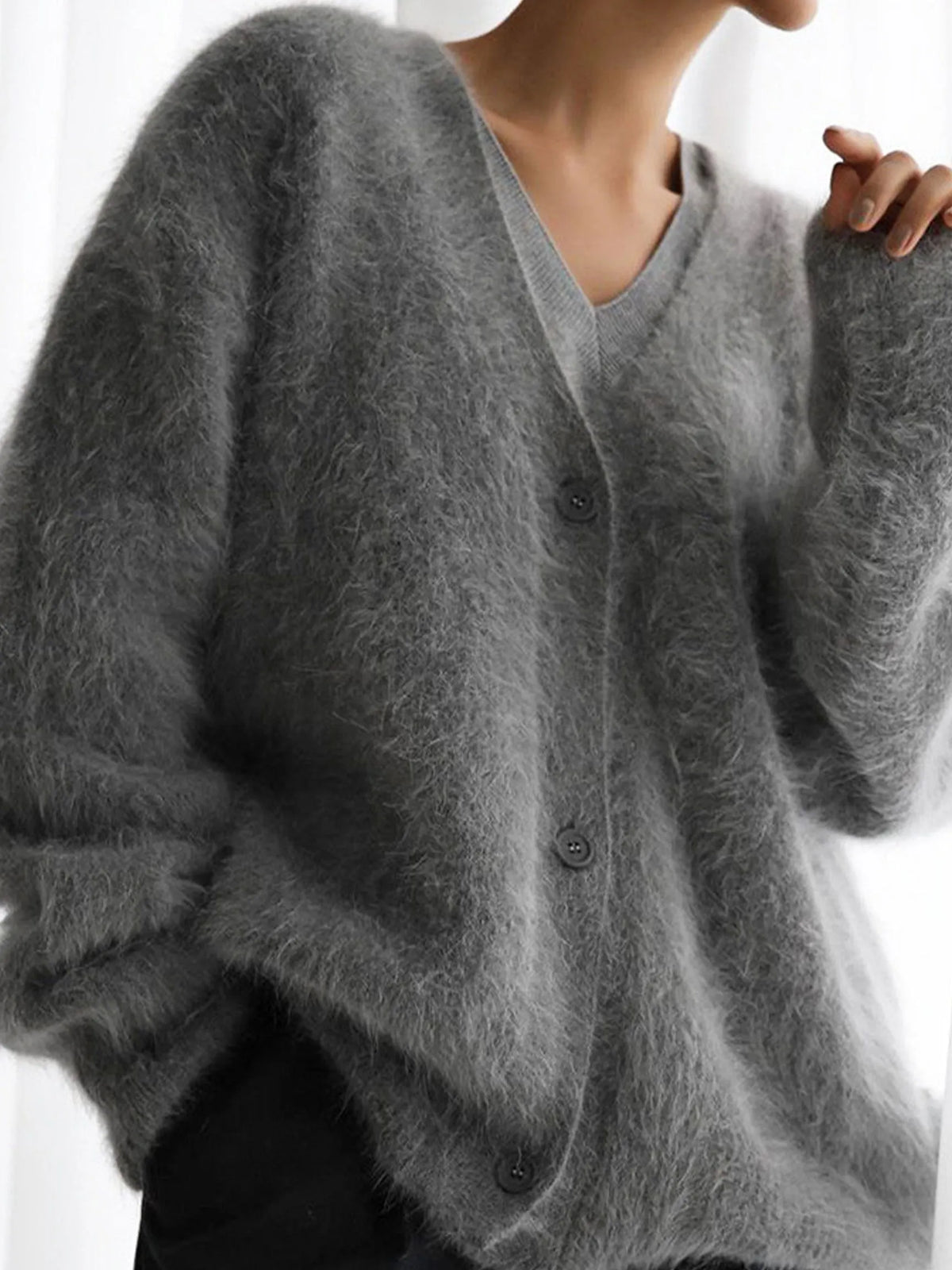 V‐Neck Fuzzy Shaggy Knit Button Front Long Sleeve Cardigan