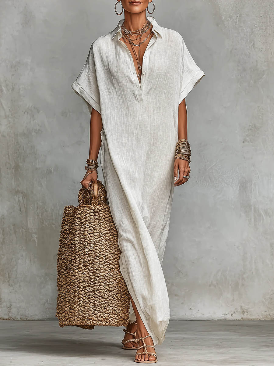 Women's Solid Color Collared Short-sleeved Casual Loose Linen Dress