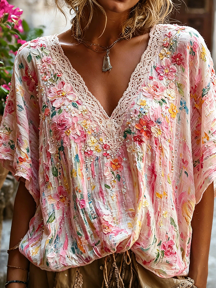 Women's Oil Painting Floral Art Cotton Linen V-neck Short Sleeve Top