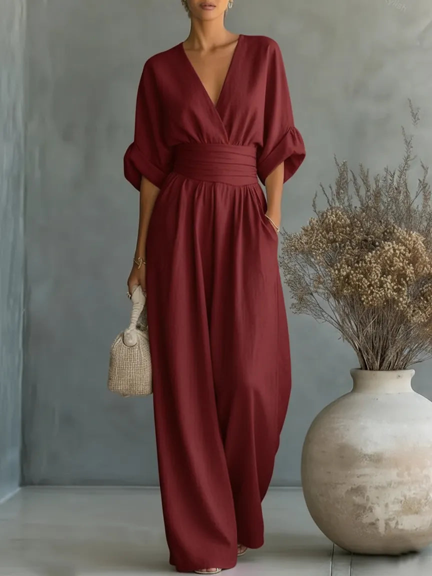 Elegant V-neck High-waisted Loose Jumpsuit