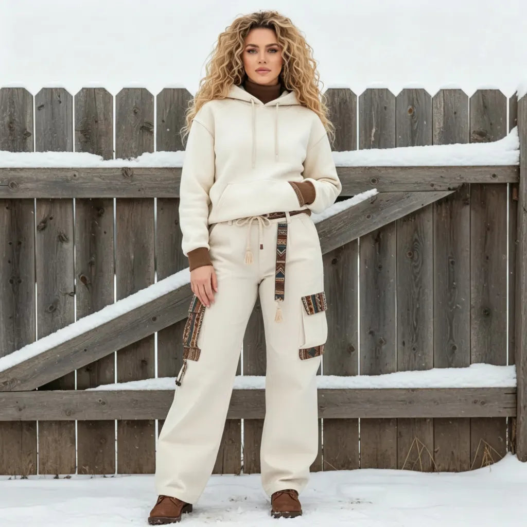 Women's Retro Ethnic Style Stand Collar Hooded Sweatshirt set