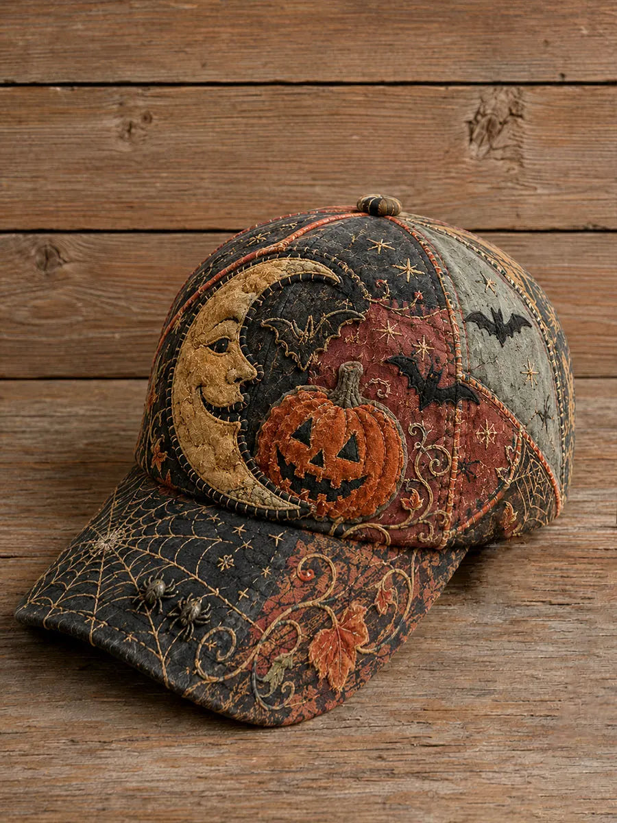Halloween Moon, Pumpkin and Bat Vintage Patchwork Baseball Cap