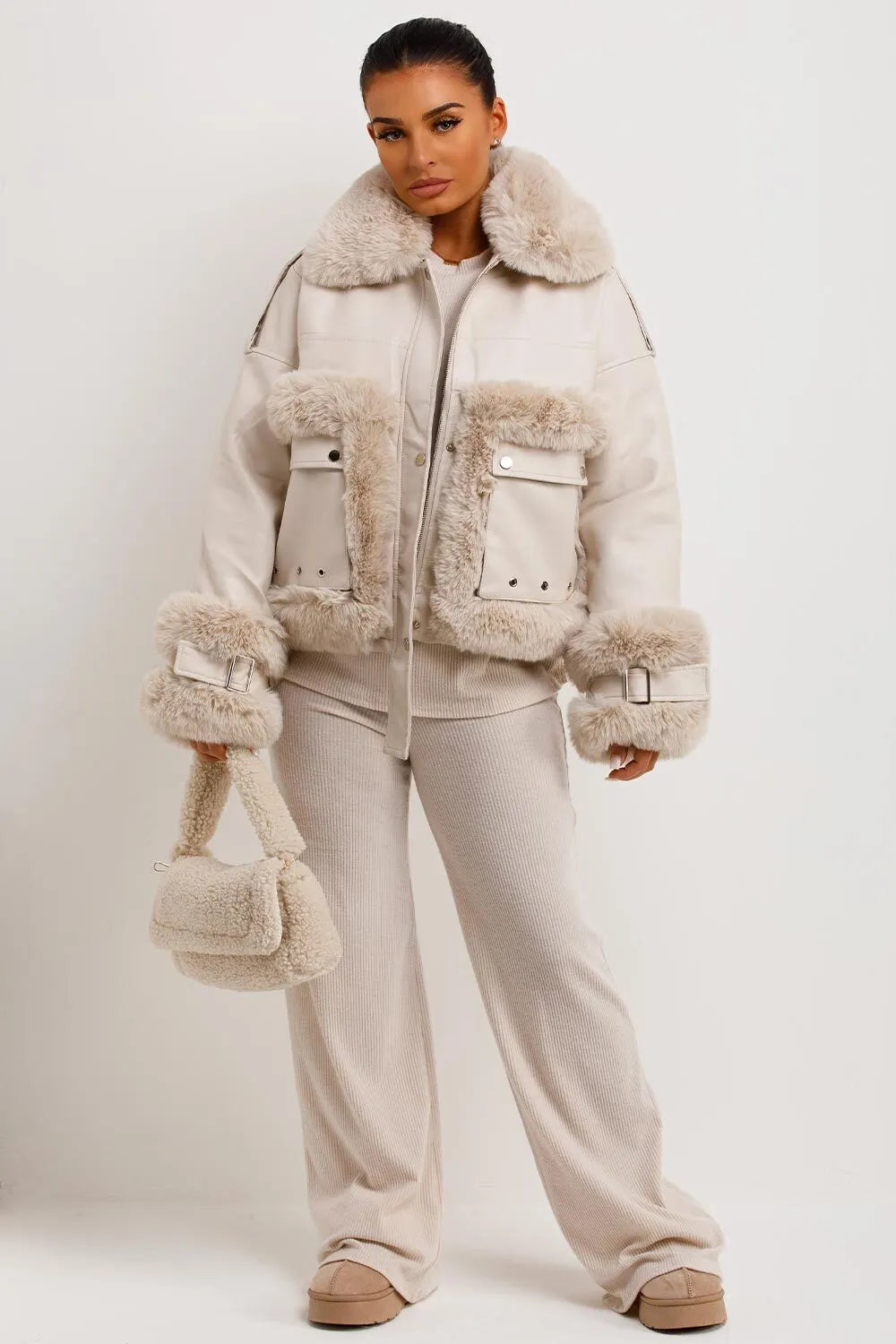 Faux Fur Trim Faux Leather Jacket Beige