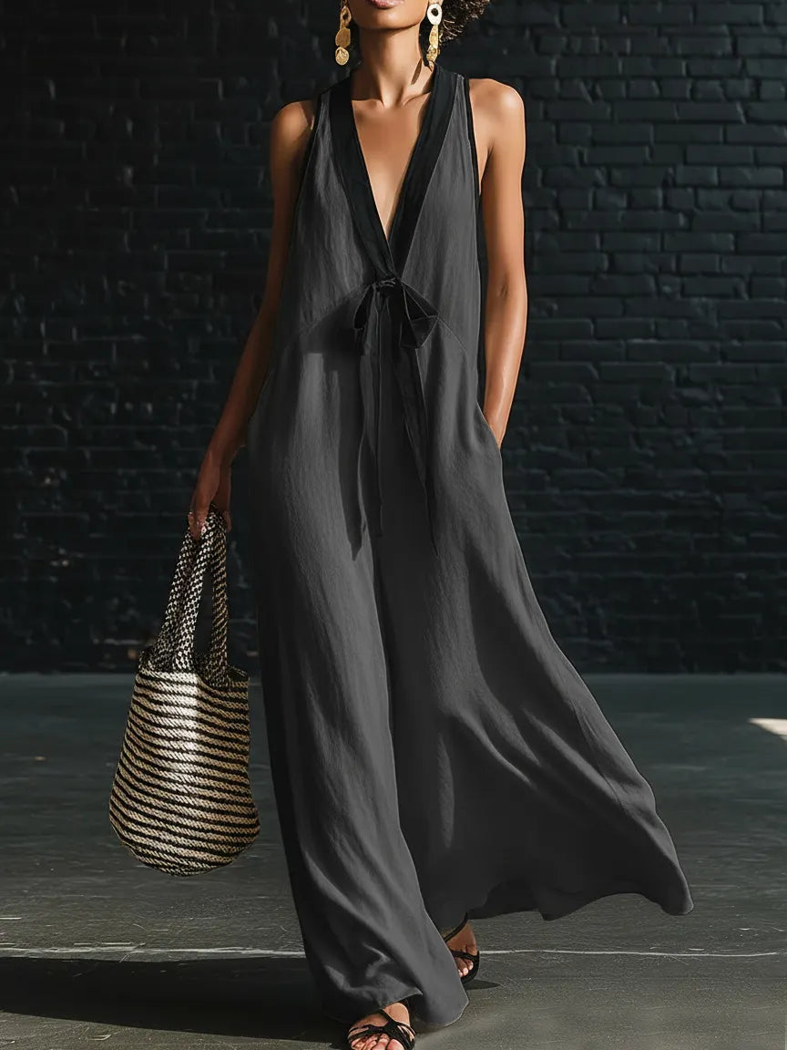 Classic Elegant Color-blocked Tie-neck Maxi Dress