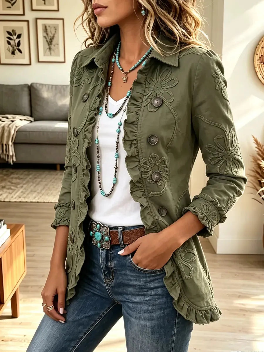 Retro Floral Pattern Art Casual Stylish Lapel Long Sleeve Cotton Coat