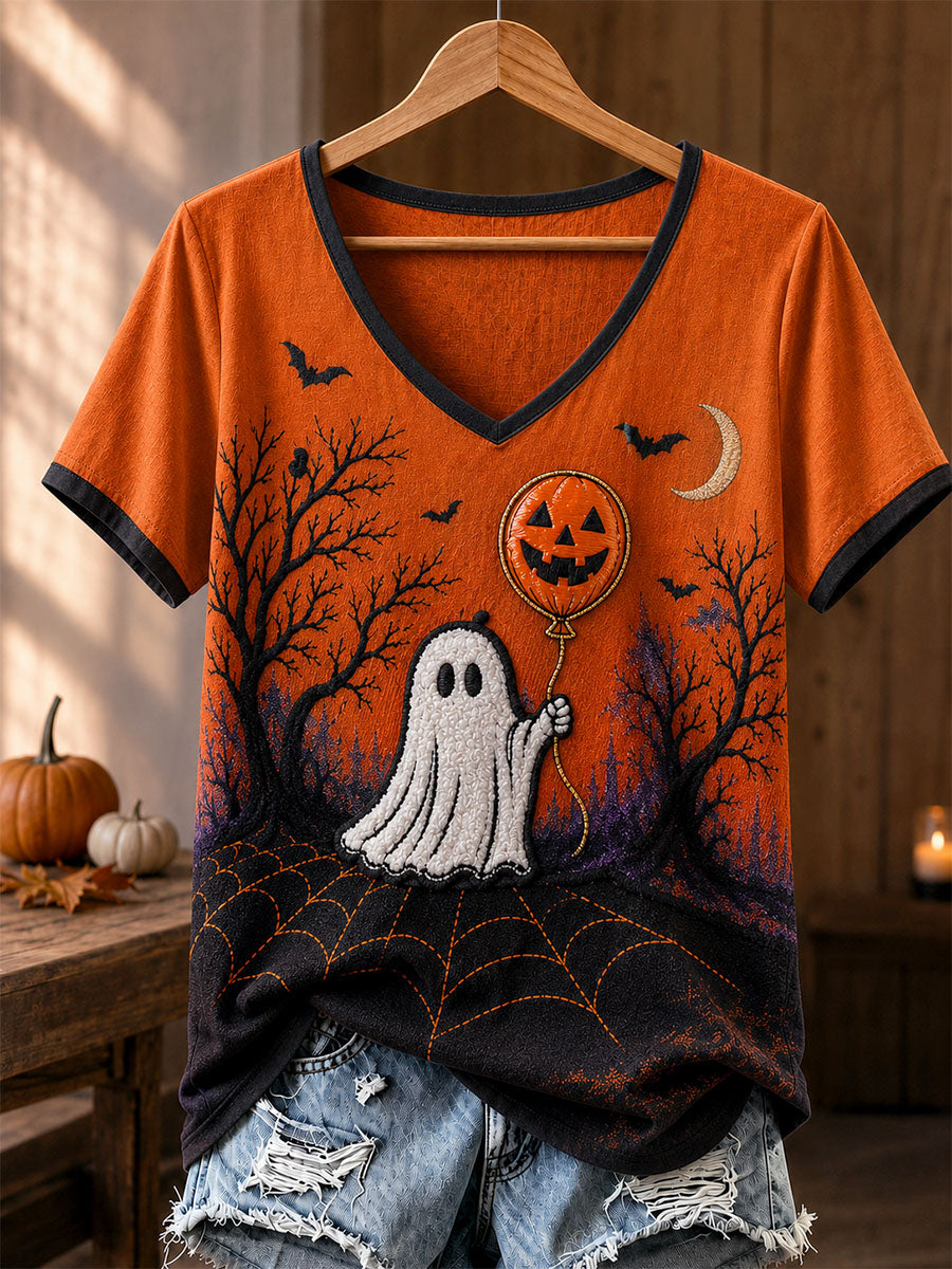 Pumpkin Balloon Ghost Halloween V-Neck T-Shirt