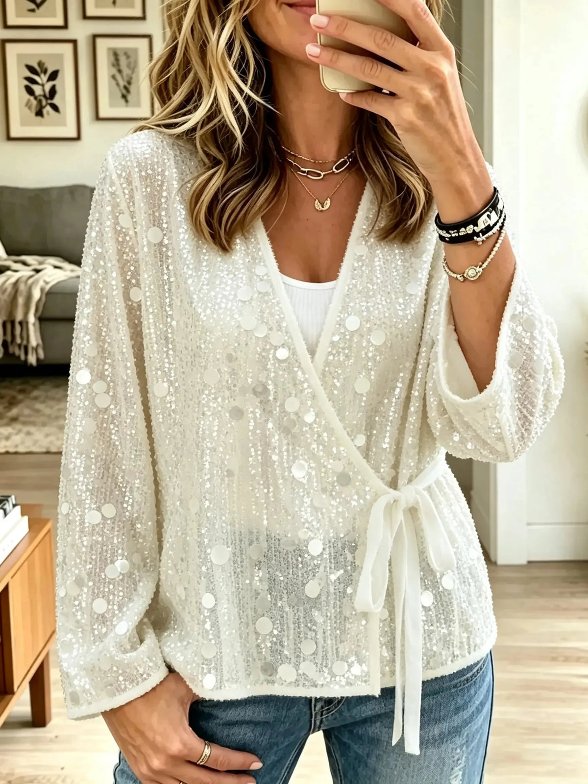 Women's Polka Dot Sequin Wrap Blouse