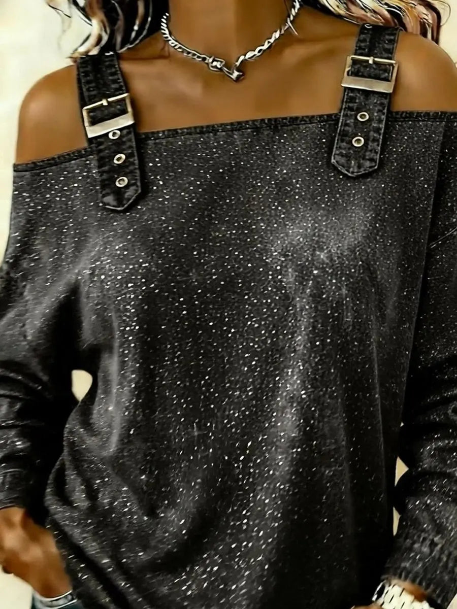 Casual Shimmering Shoulder Straps Denim Shirt Tops