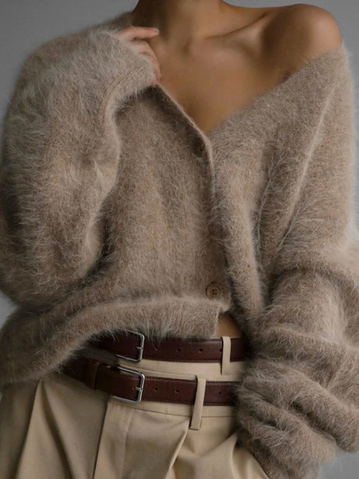 V‐Neck Fuzzy Shaggy Knit Button Front Long Sleeve Cardigan
