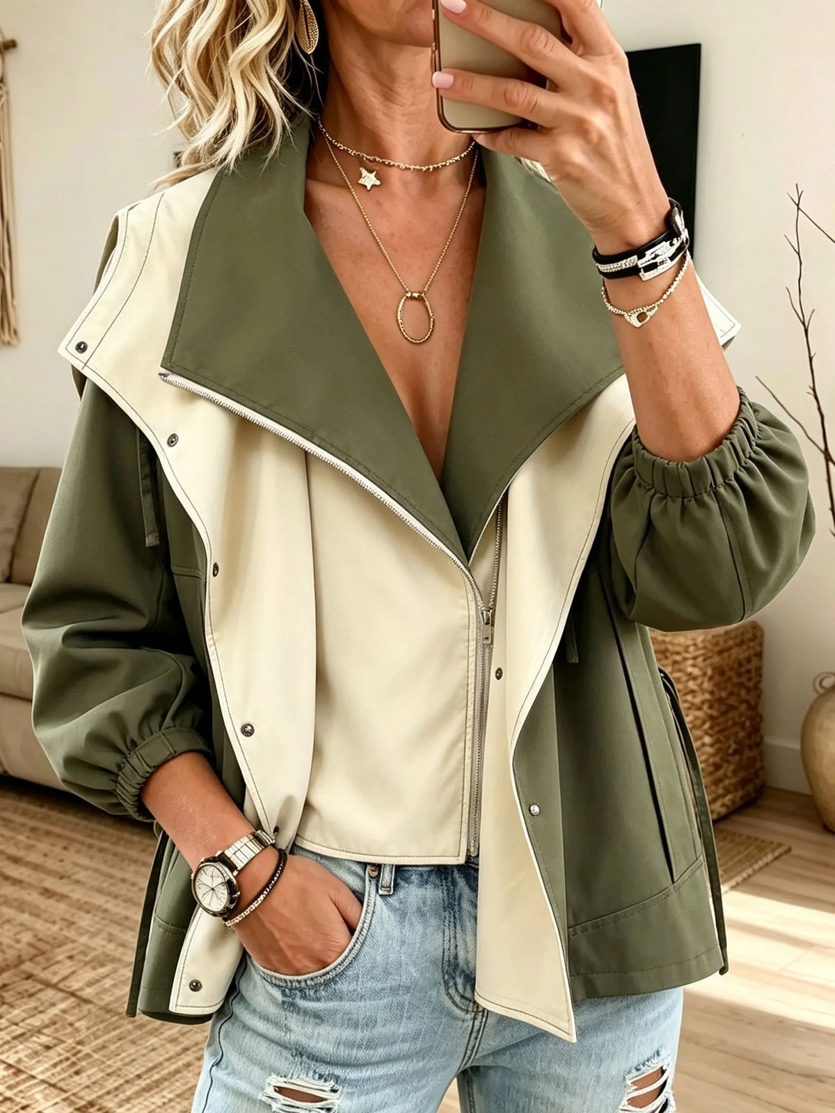 Color Block Lapel Zip Up Windbreaker Jacket, Women Elastic Cuff Casual Outerwear