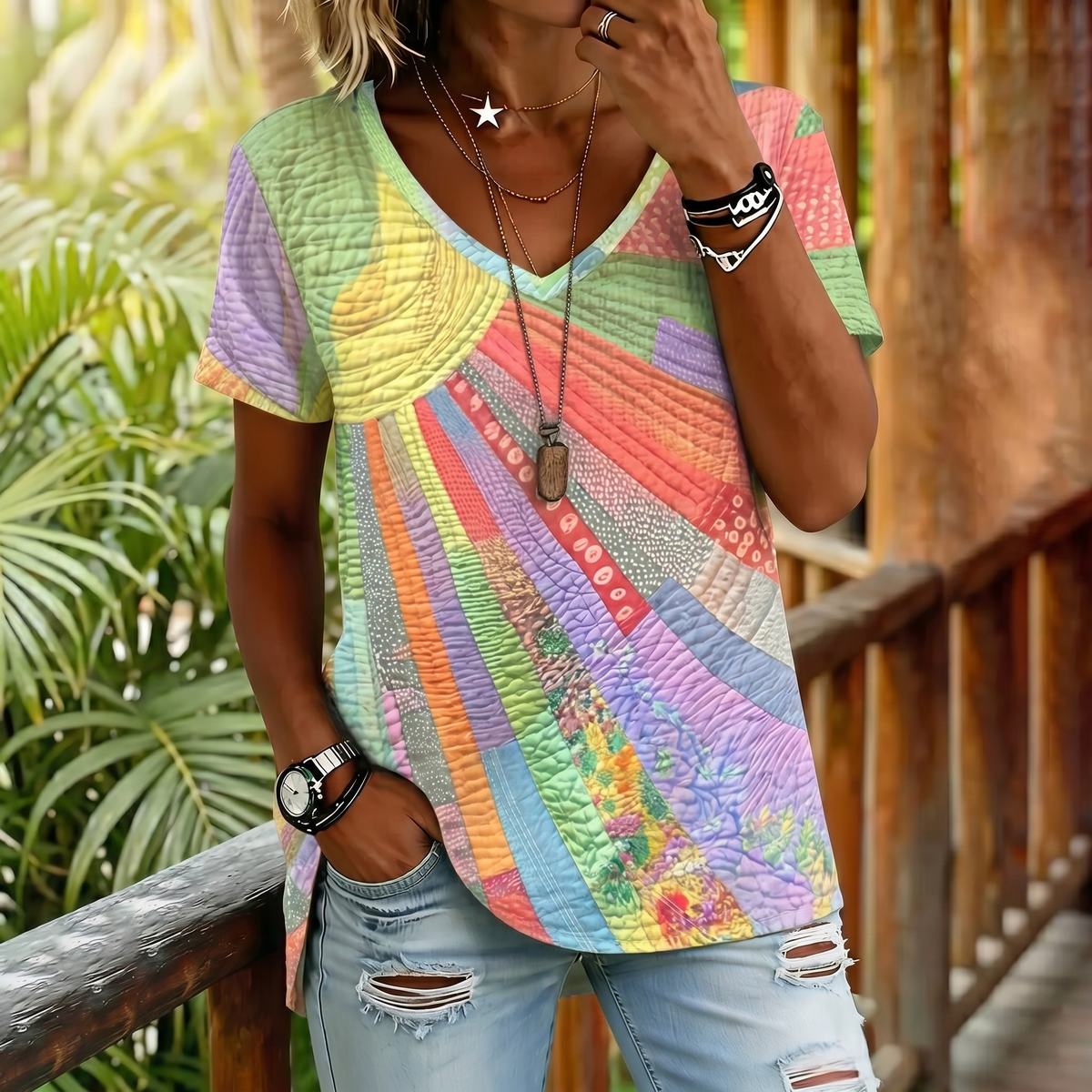 Women's Colorful Sun Collage Art Print Short Sleeve  V Neck Tshirt