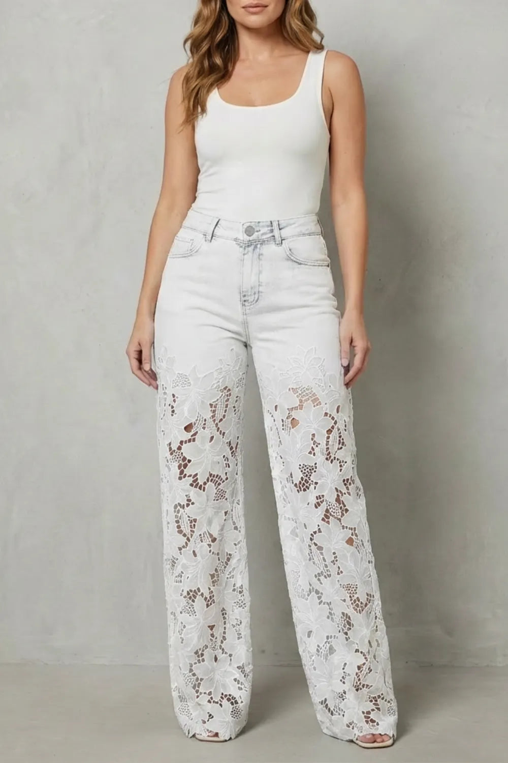 Floral lace overlay – Wide-leg denim jeans