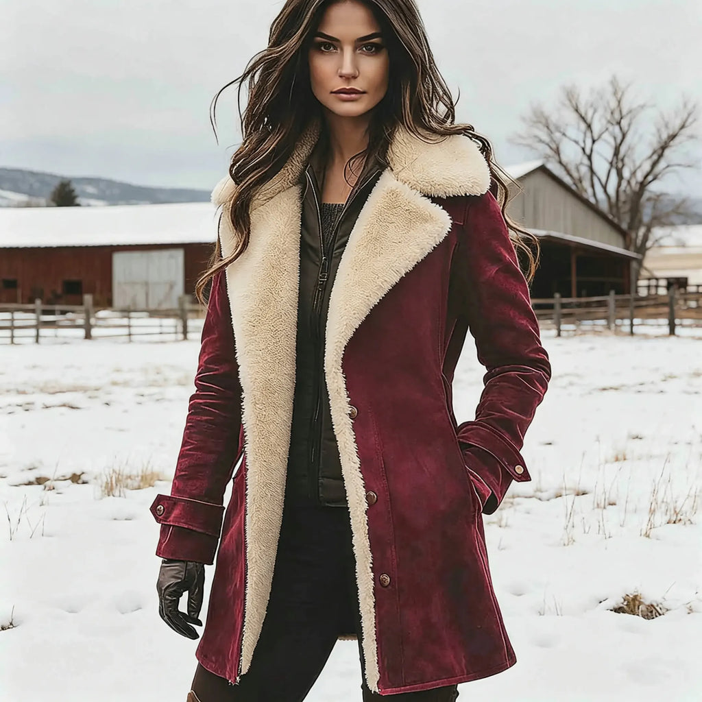 Women's Vintage Brown Suede Fleece Lapel Collar Mid-Length Shearling Coat Jacket
